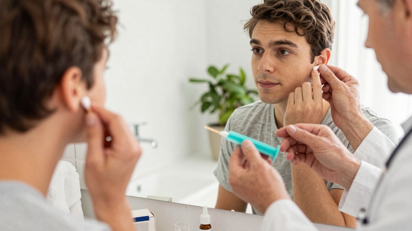 Man fitting a hearing aid in his ear with a healthcare professional's assistance in front of a mirror.