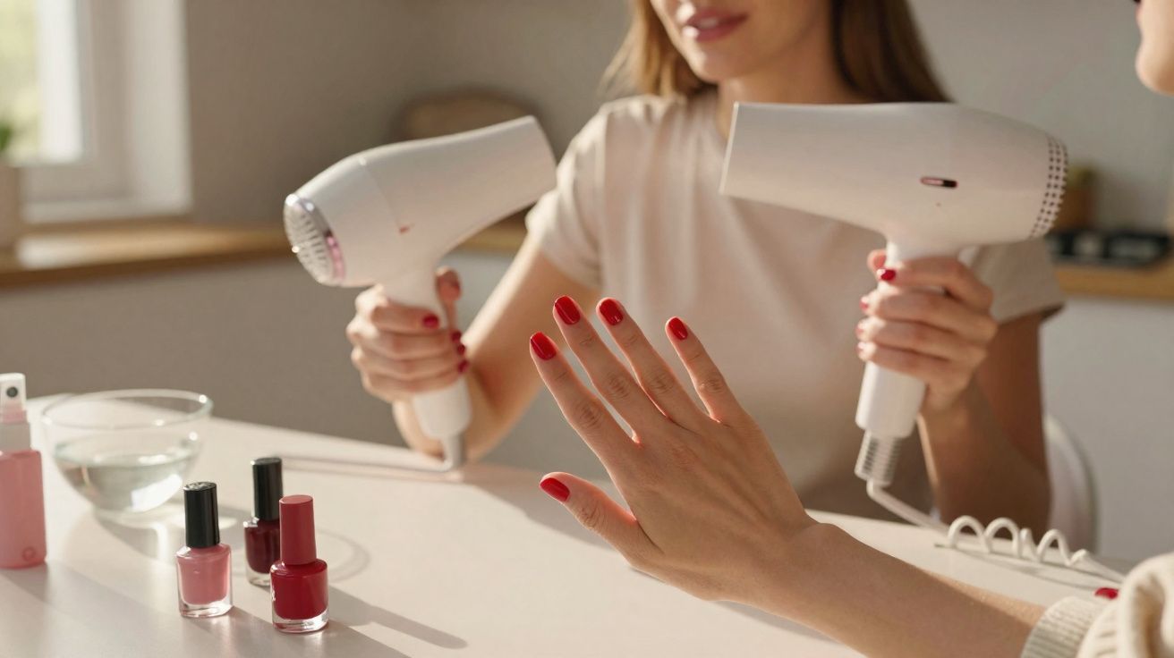 Two women drying freshly painted red fingernails with white hairdryers at a table with nail polish bottles.