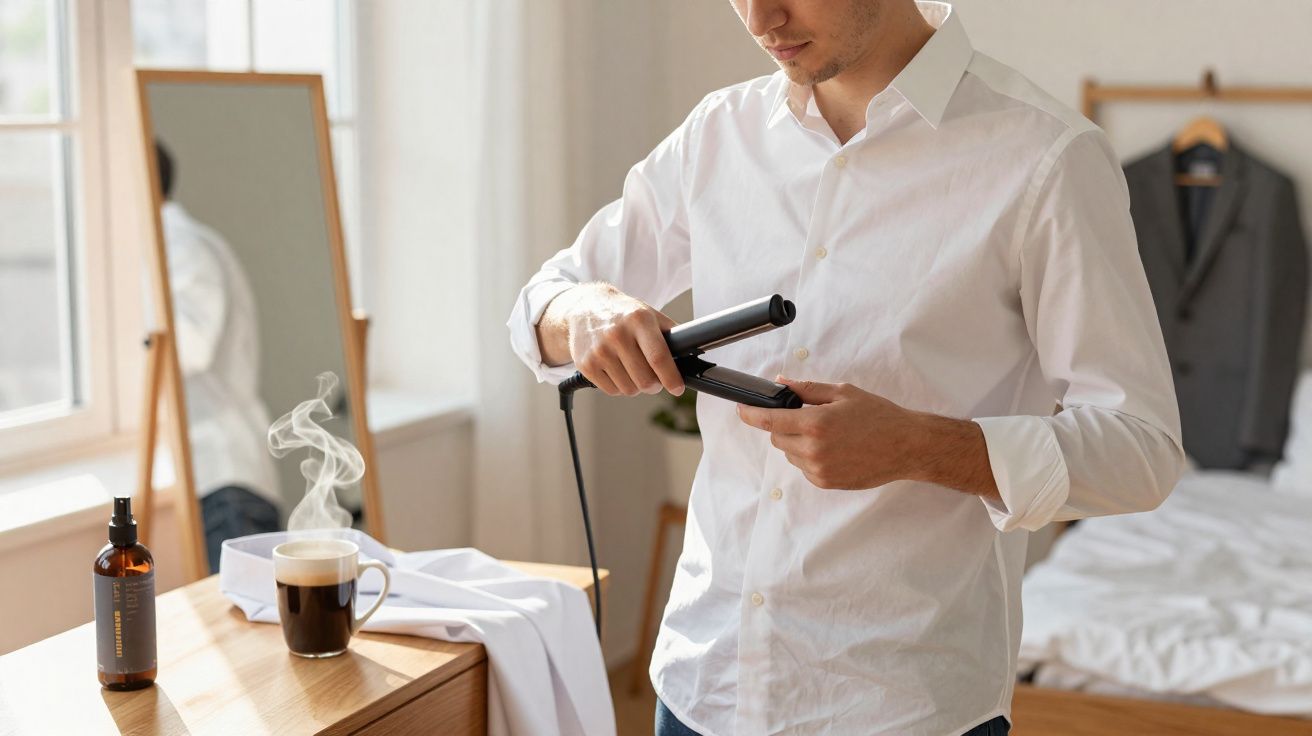 Man in a white shirt using a hair straightener in a bedroom with a steaming cup and spray bottle on the dresser.