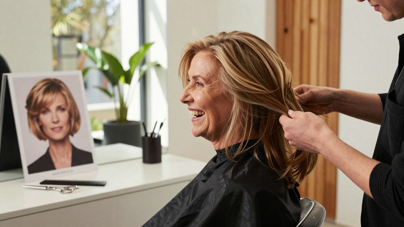 Woman with blonde hair smiling while a hairdresser styles her hair in a salon.