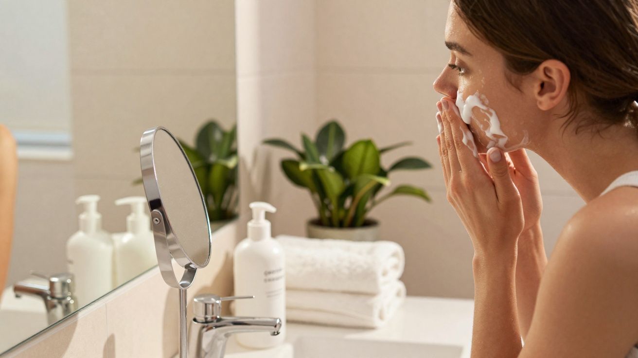 Woman applying facial cream in bathroom with mirror, green plants, and towels in the background