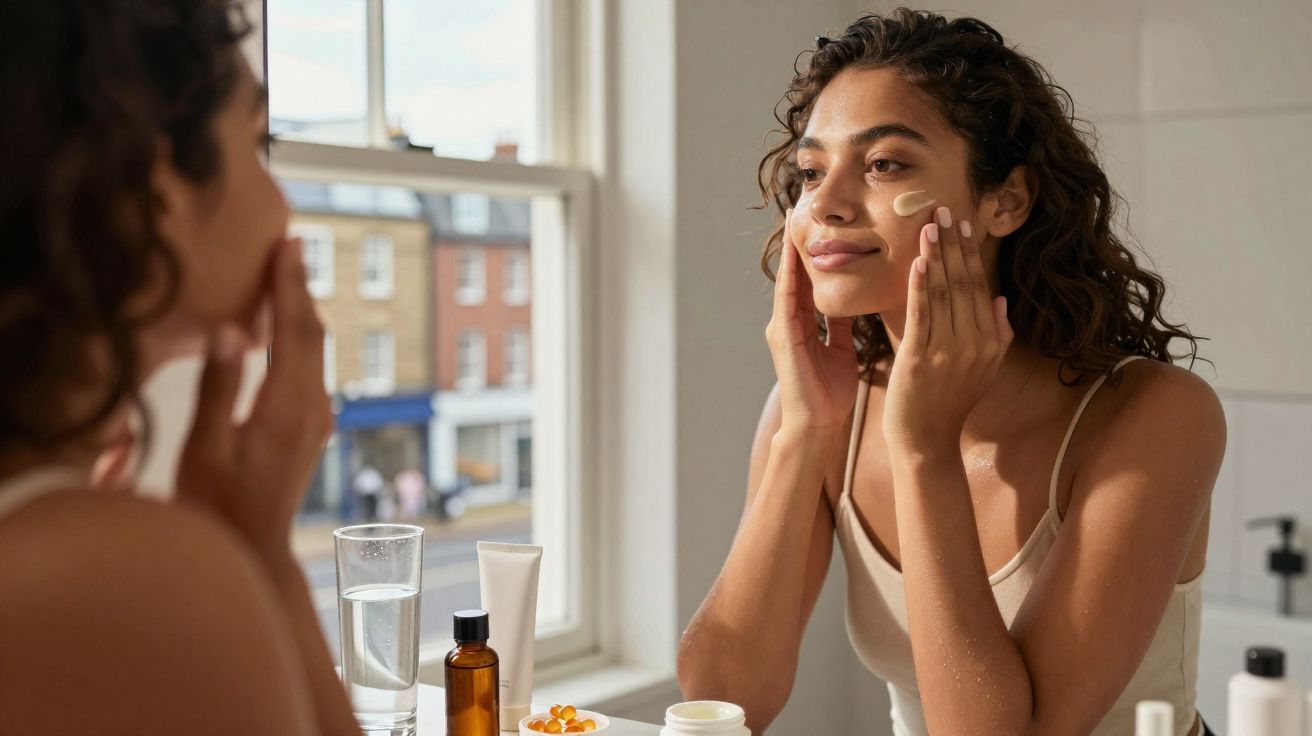 Woman applying cream to her face while looking in a mirror in a sunlit room with skincare products nearby.