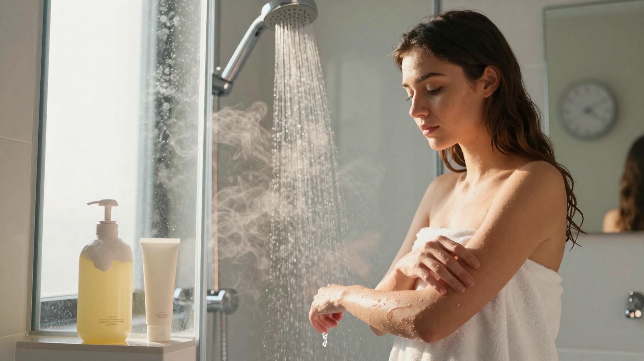 Woman wrapped in a towel applying lotion in a steamy bathroom with water flowing from a showerhead.