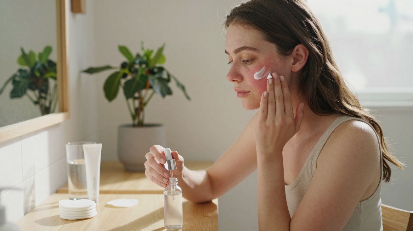 Young woman applying cream to her cheek in a bright room with skincare products on a wooden table.