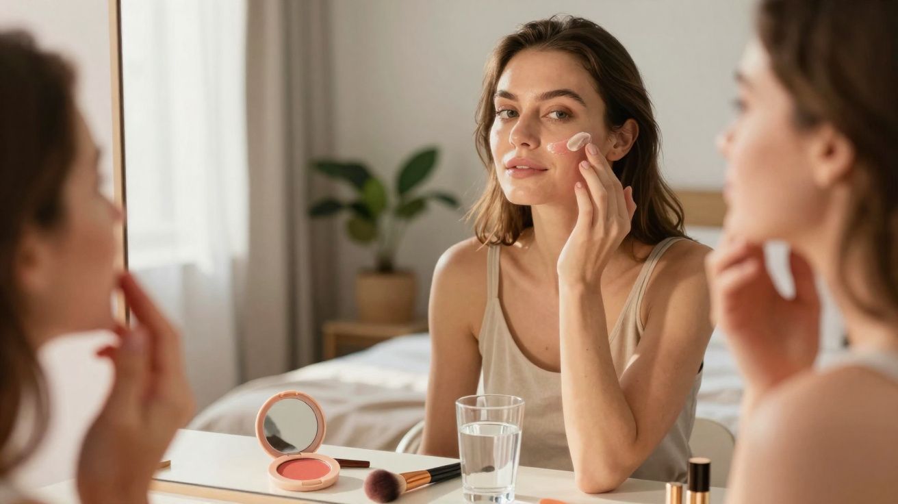 Woman applying cream to her cheek while looking in a mirror on a dressing table with makeup items and a glass of water.