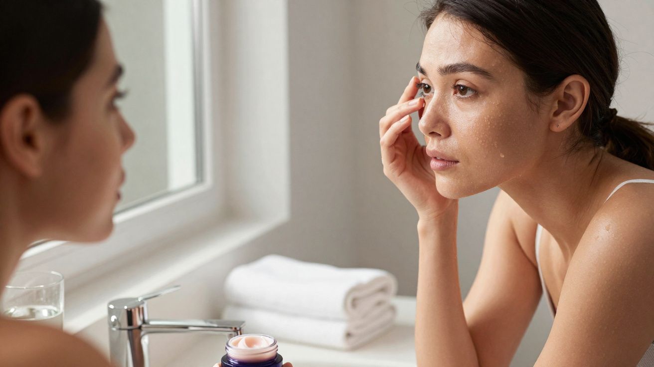 Woman applying cream to her face while looking into a bathroom mirror beside a folded towel and glass of water.