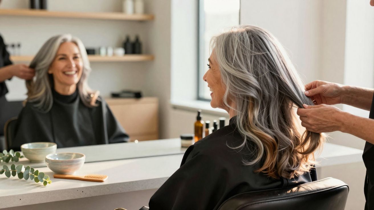 Older woman with grey hair smiling in a salon chair while a hairstylist styles her hair.