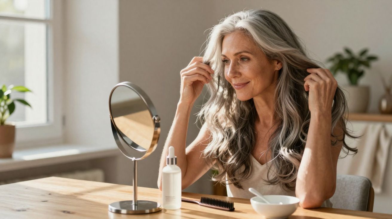 Mature woman with long grey hair sitting at a wooden table, looking in a round mirror and touching her hair.