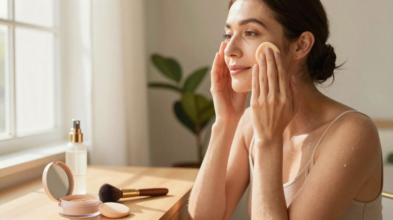 Woman applying powder to her face using a makeup sponge at a wooden vanity near a window.