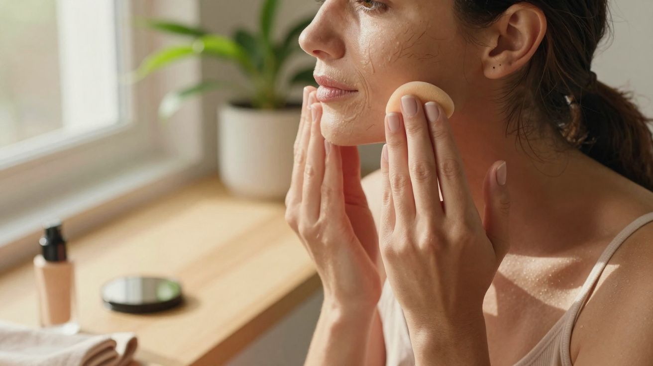 Woman applying makeup foundation with a sponge near a window on a wooden surface with cosmetic items.