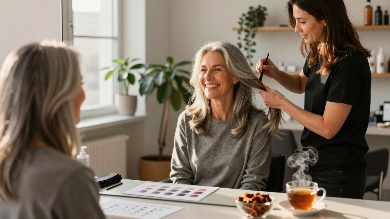 Woman smiling while a hairstylist applies hair dye in a bright salon with a tea cup steaming nearby.