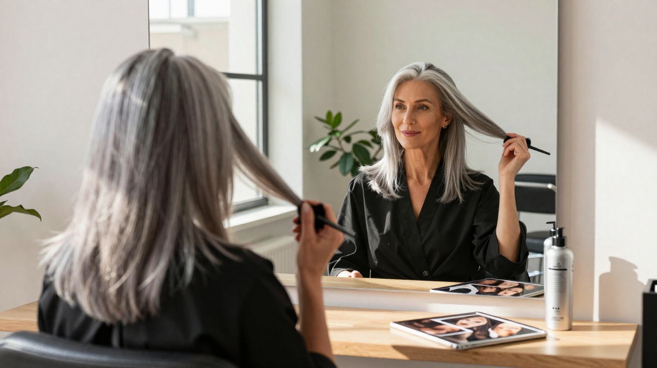 Middle-aged woman with grey hair sitting at vanity, holding a comb and smiling at her reflection in the mirror.