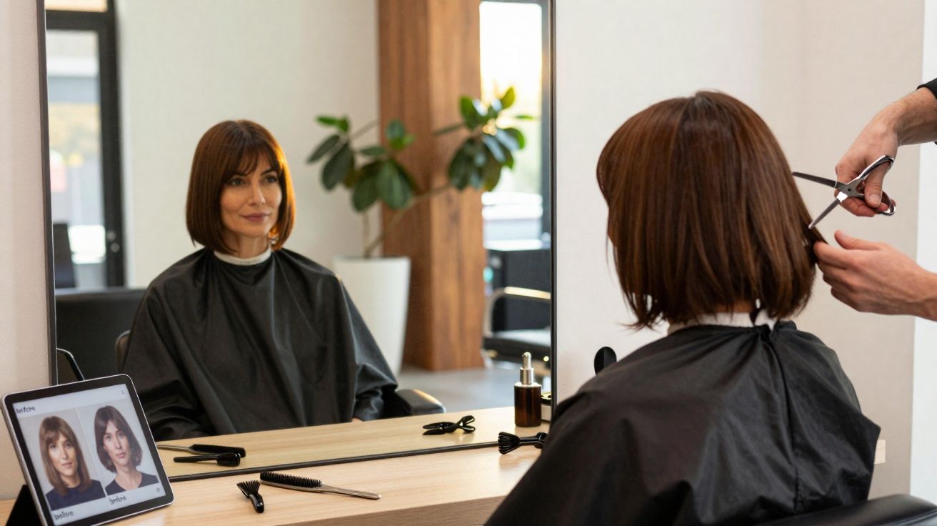 Woman with brown bob haircut getting a trim at a salon, looking at her reflection in the mirror.