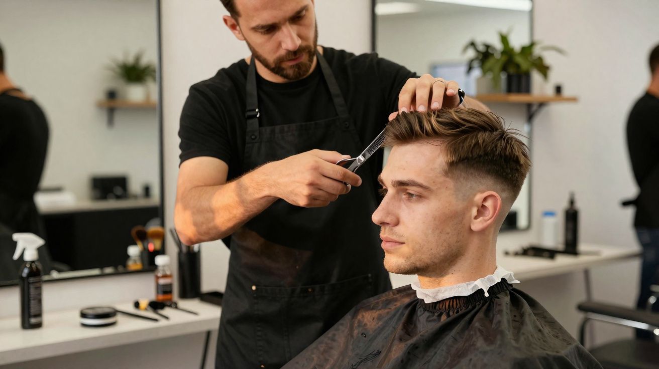 Barber trimming a young man's hair with scissors in a modern barbershop.
