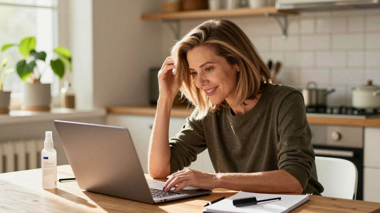 Middle-aged woman smiling while working on a laptop at a sunlit kitchen table with a notebook and hand sanitizer.
