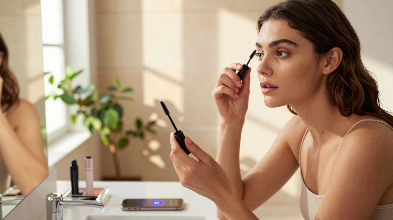 Young woman applying mascara in bathroom with sunlight and green plant in background