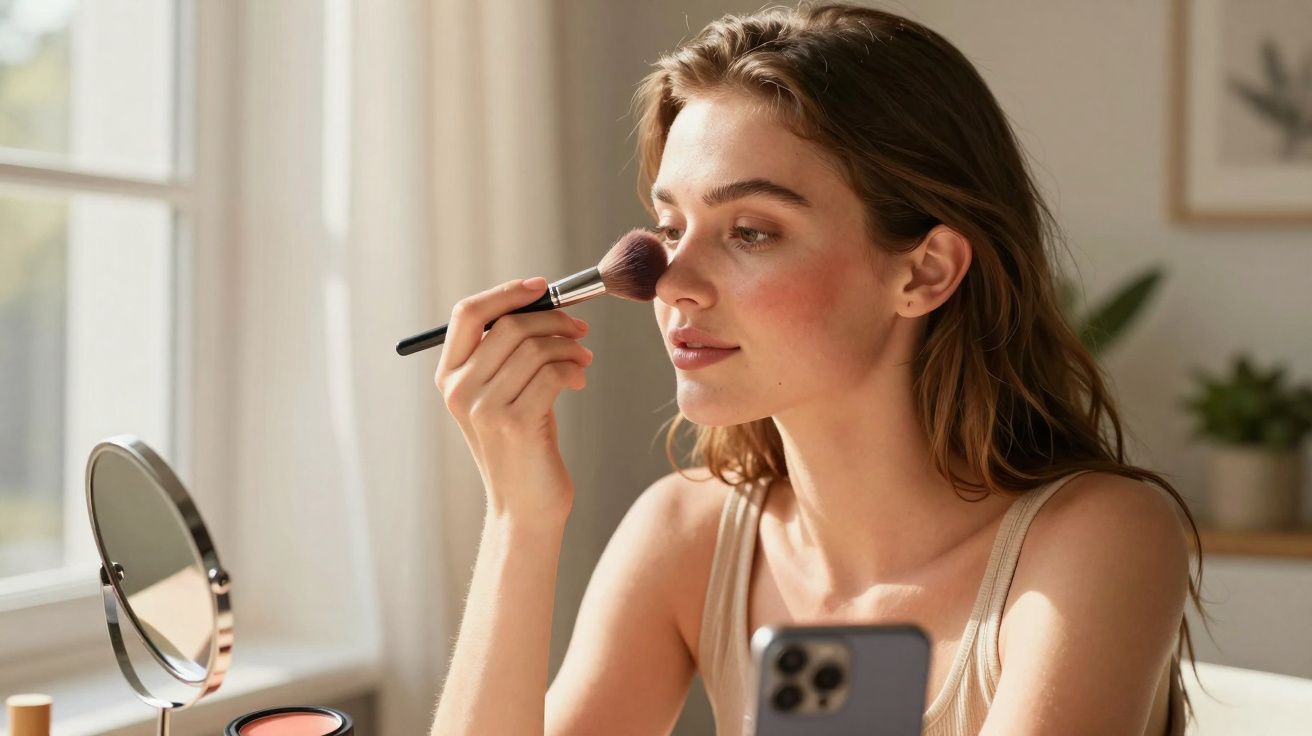 Young woman applying makeup with a brush in front of a mirror by a bright window, holding a smartphone.