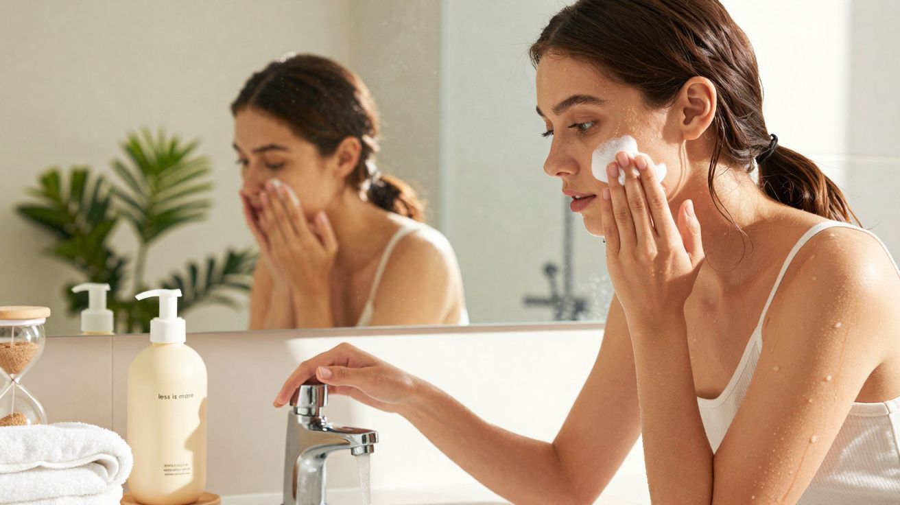 Woman in a white tank top applying cream to her cheek in front of a bathroom mirror.