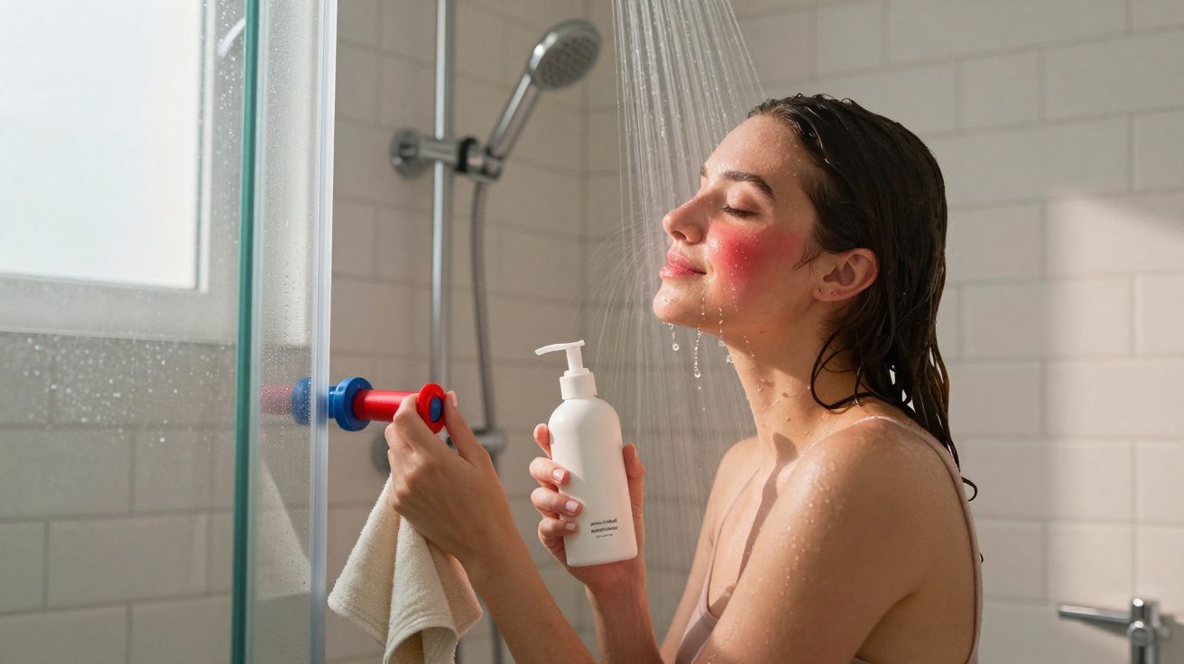 Woman holding a white pump bottle and a bath sponge, enjoying a shower with water running over her face.