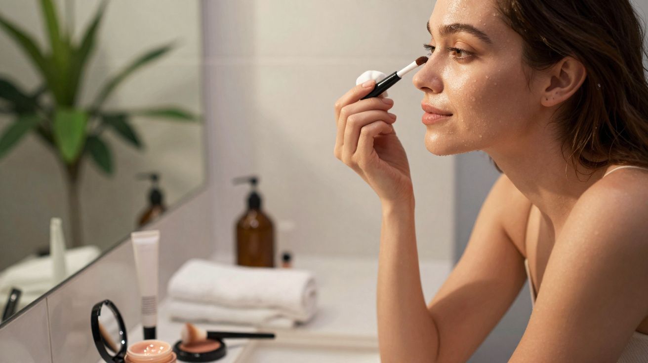 Woman applying makeup with a brush in front of a bathroom mirror, with skincare products on the counter.