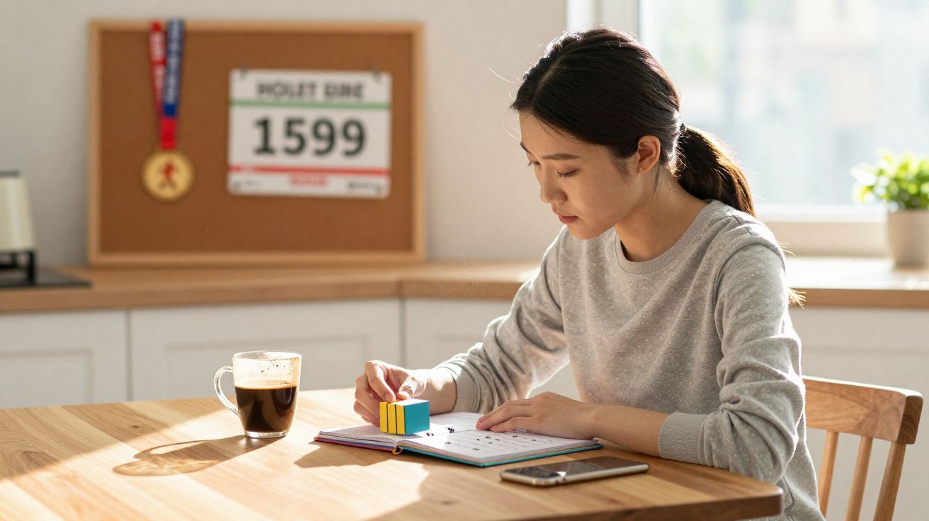 Woman sitting at a table solving a puzzle with a Rubik's Cube and a cup of coffee nearby in a bright room.