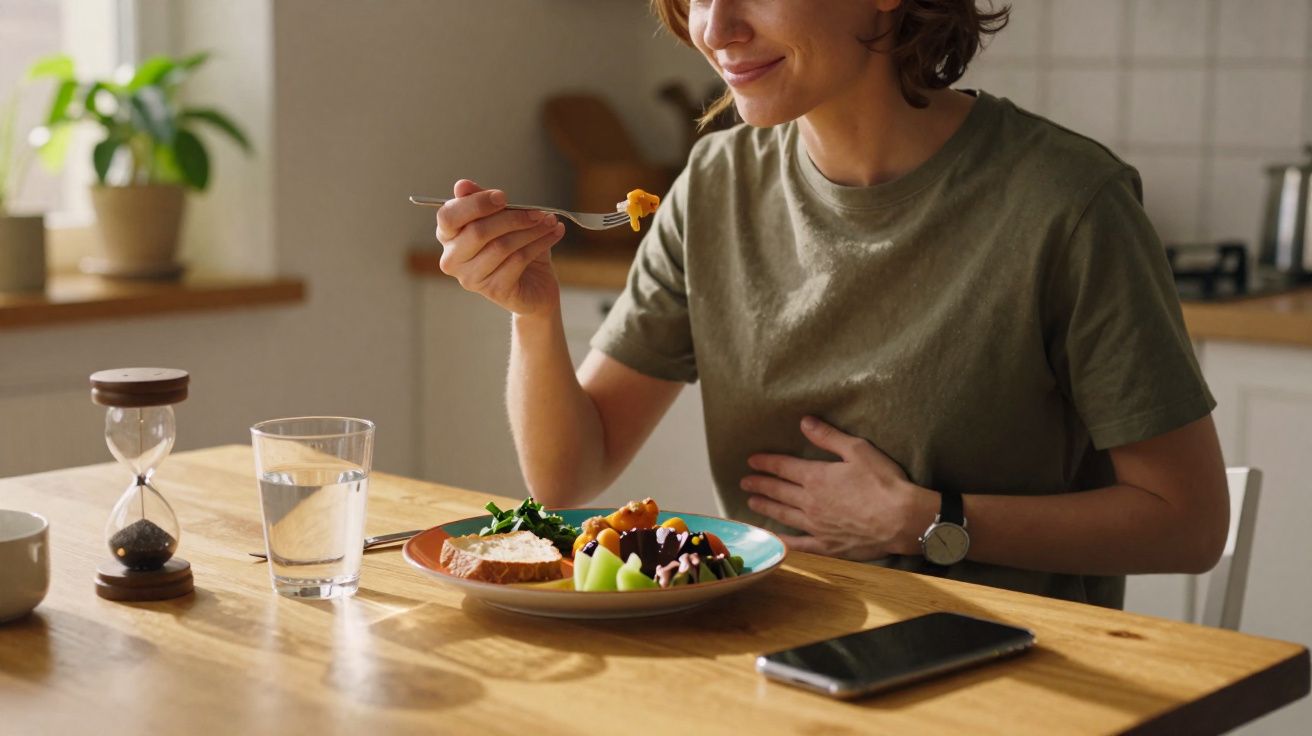 Person sitting at a table about to eat a meal with water, phone, and hourglass nearby in a bright kitchen.