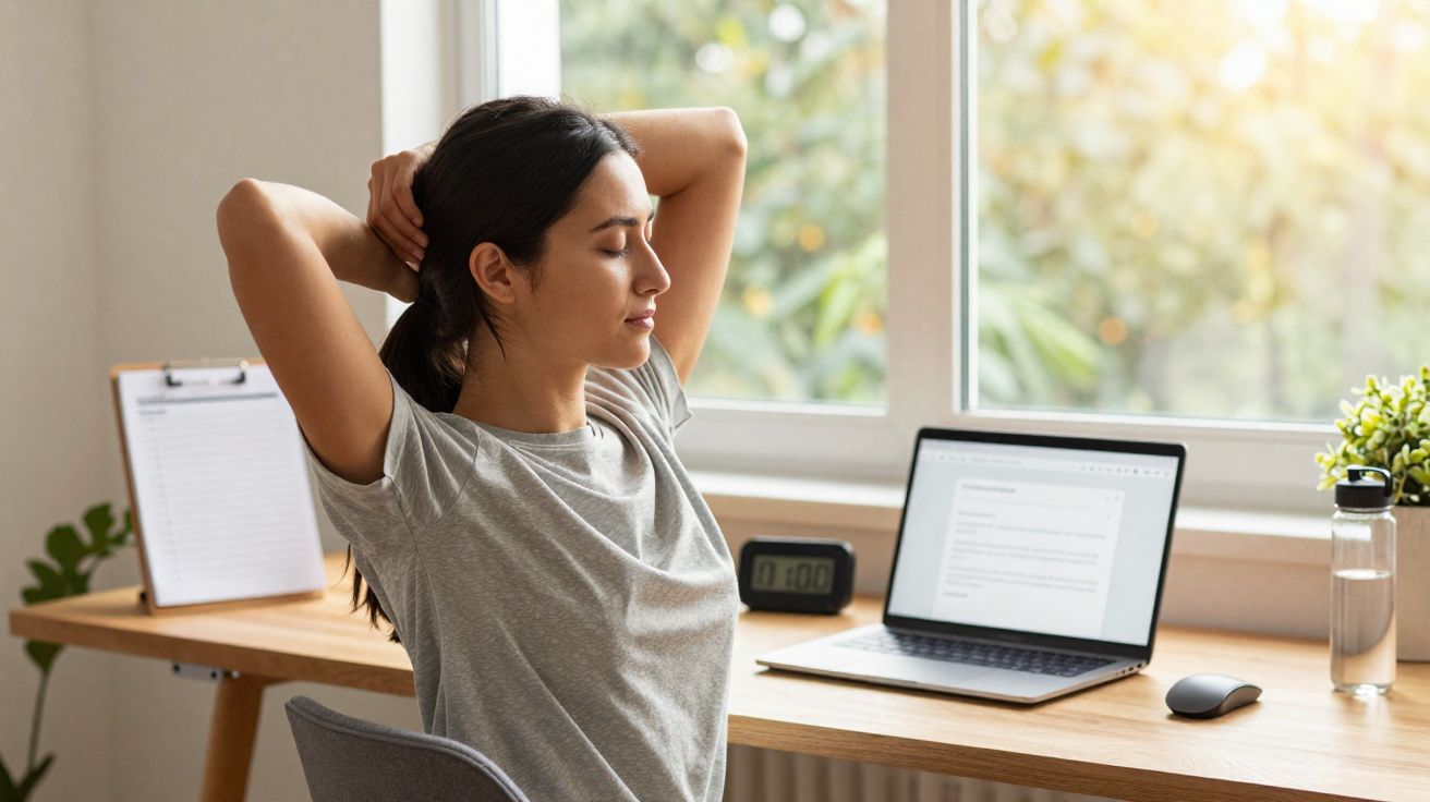 Woman stretching and relaxing at a desk with a laptop, clock, and plant near a sunny window.