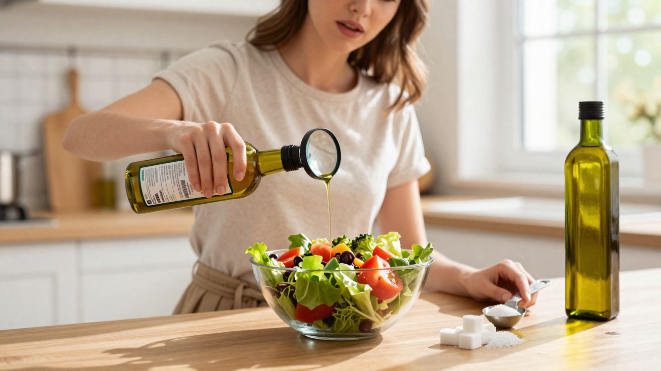 Woman pouring olive oil onto a fresh mixed salad in a glass bowl on a kitchen counter.