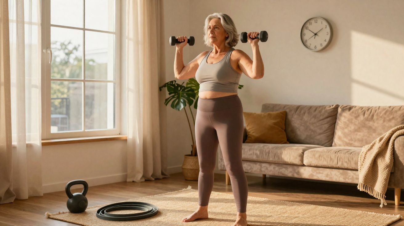 Mature woman exercising with dumbbells in a bright living room with a sofa and clock on the wall.