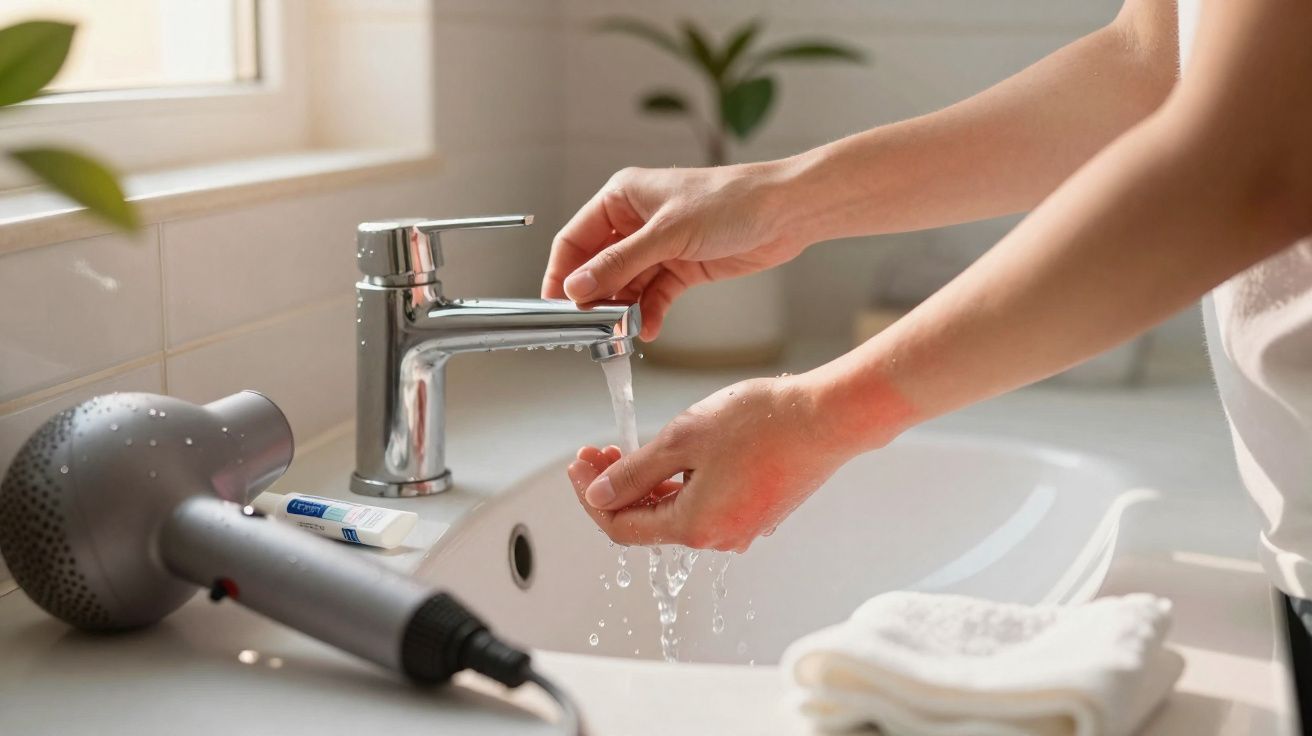 Person washing hands under running water from a bathroom tap with a hairdryer and cream on the sink.