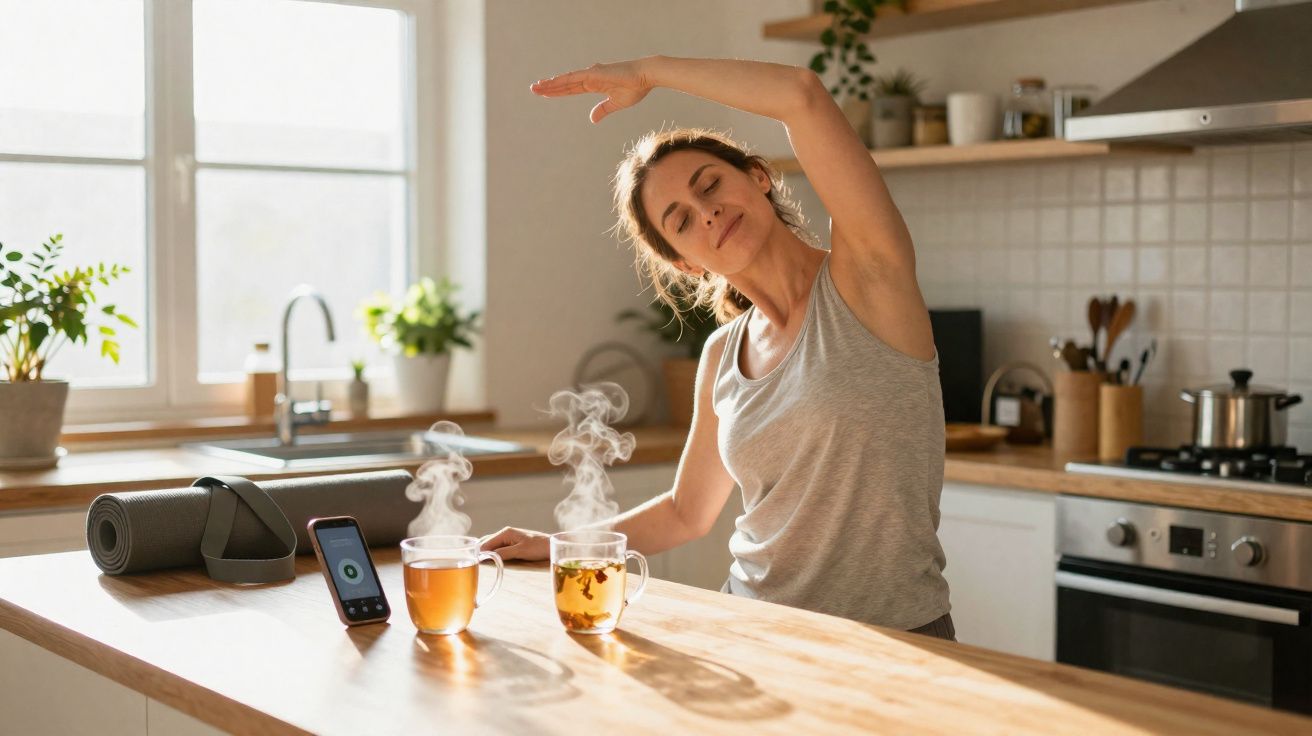 Woman stretching at kitchen counter with steaming tea, smartphone, and yoga mat nearby in bright kitchen.