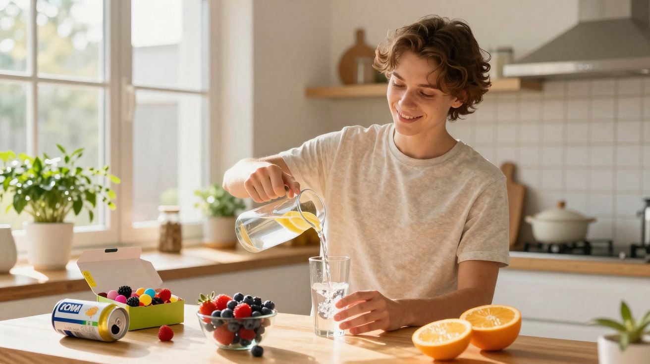 Young person pouring lemon water into a glass in a bright kitchen with fresh fruit on the table