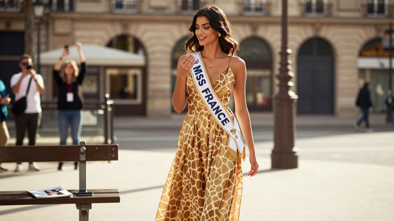 Woman wearing Miss France sash and a patterned brown dress walking outdoors in a city square.