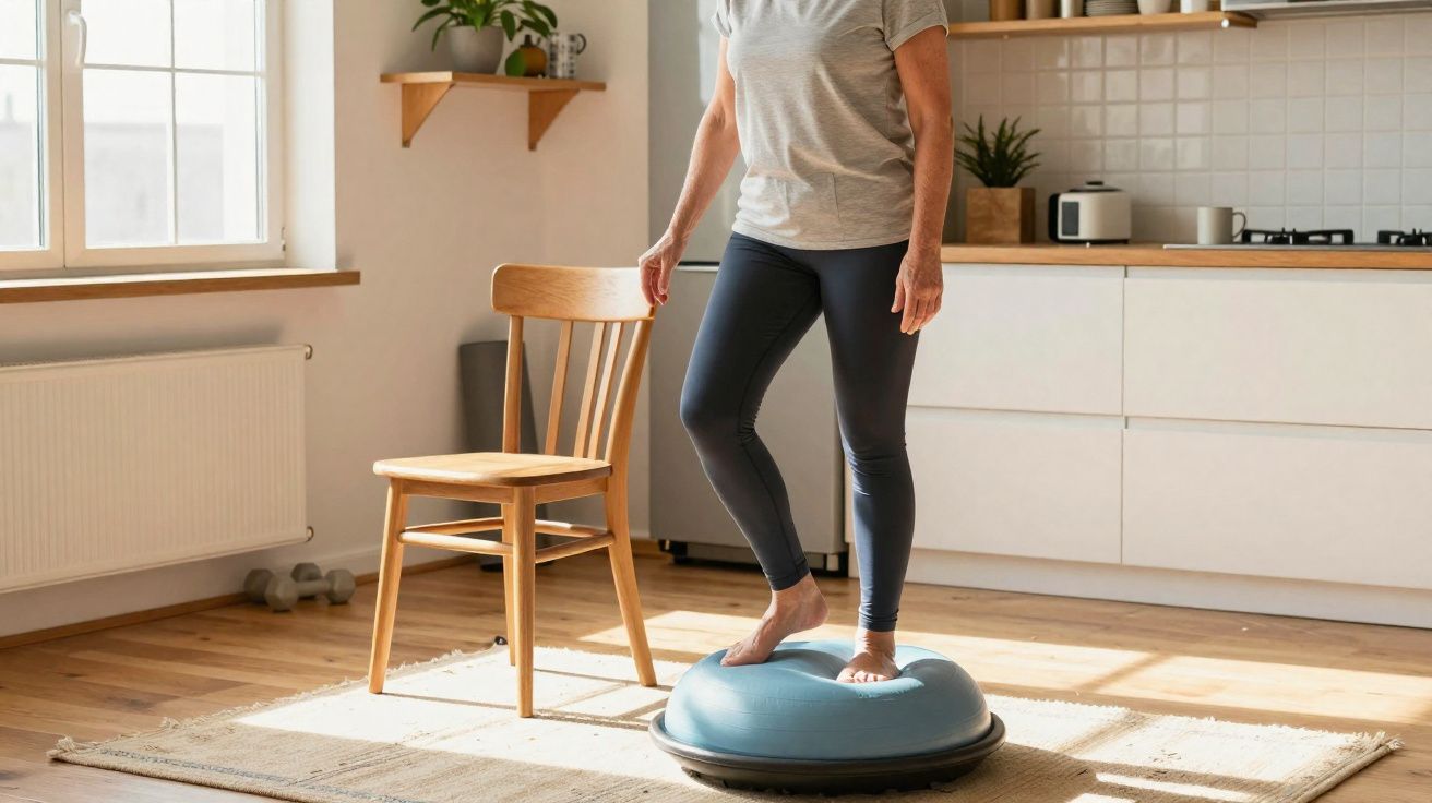 Person balancing barefoot on a blue balance trainer ball beside a wooden chair in a bright kitchen.
