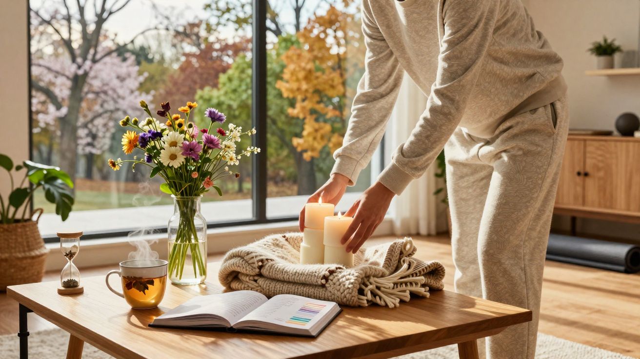 Person lighting candles on a wooden table with a vase of flowers, a steaming cup, and an open notebook by a large window.