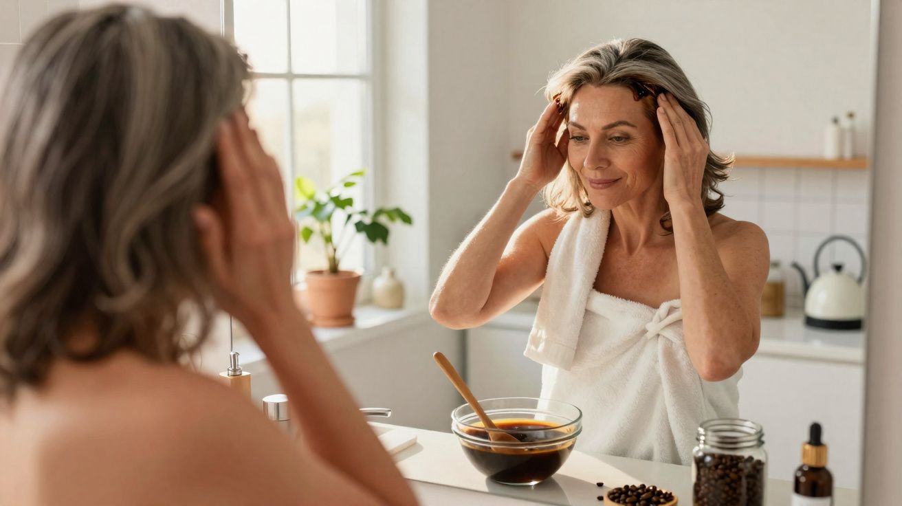 Middle-aged woman in a towel applying skincare in front of a bathroom mirror with coffee scrub ingredients nearby.