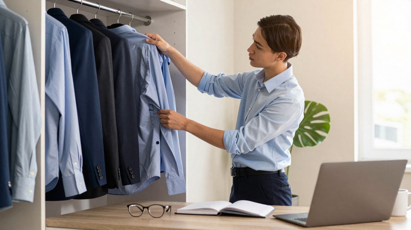 Person selecting a blue shirt from a rack of formal shirts and suits beside a desk with a laptop and glasses.