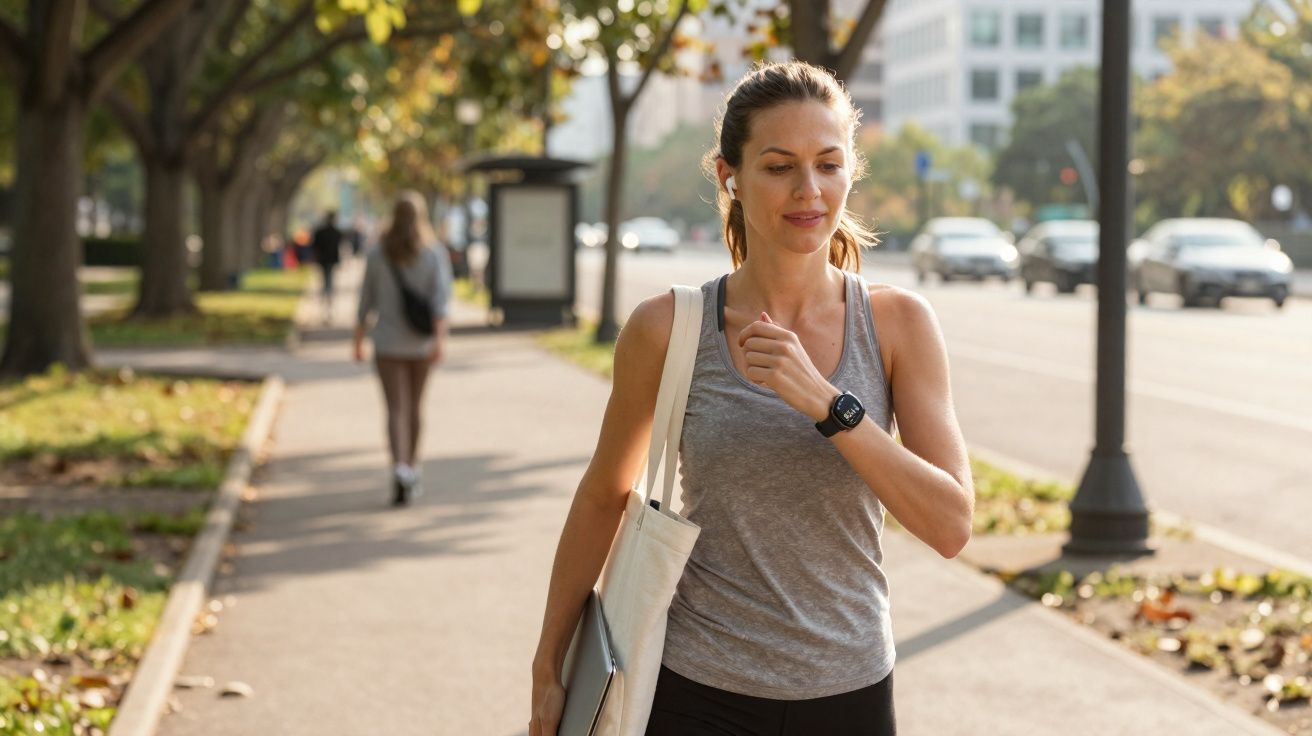 Woman in sportswear checking smartwatch while walking on a city sidewalk with trees and traffic nearby.