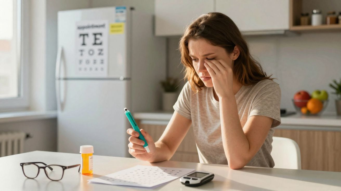 Woman in kitchen checking blood glucose with glucose meter, eye chart and glasses on table.