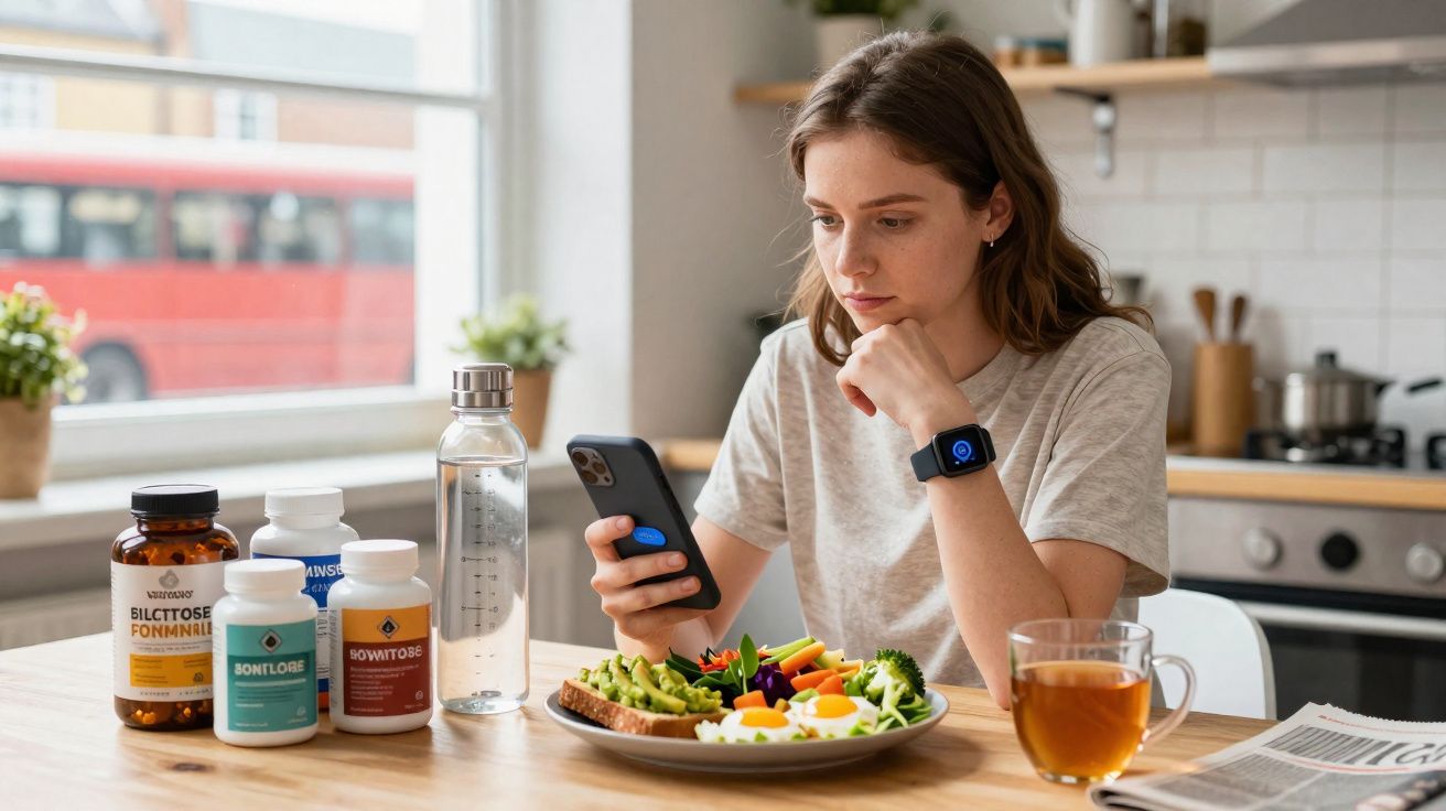 Young woman in kitchen using smartphone with healthy food, supplements, water bottle and tea on table