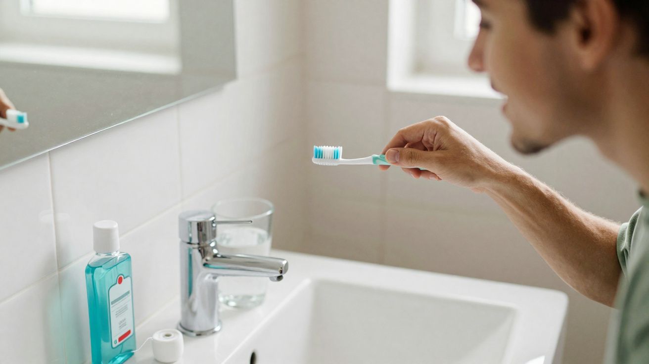Person holding a toothbrush with toothpaste near a bathroom sink, mirror, and mouthwash bottle.