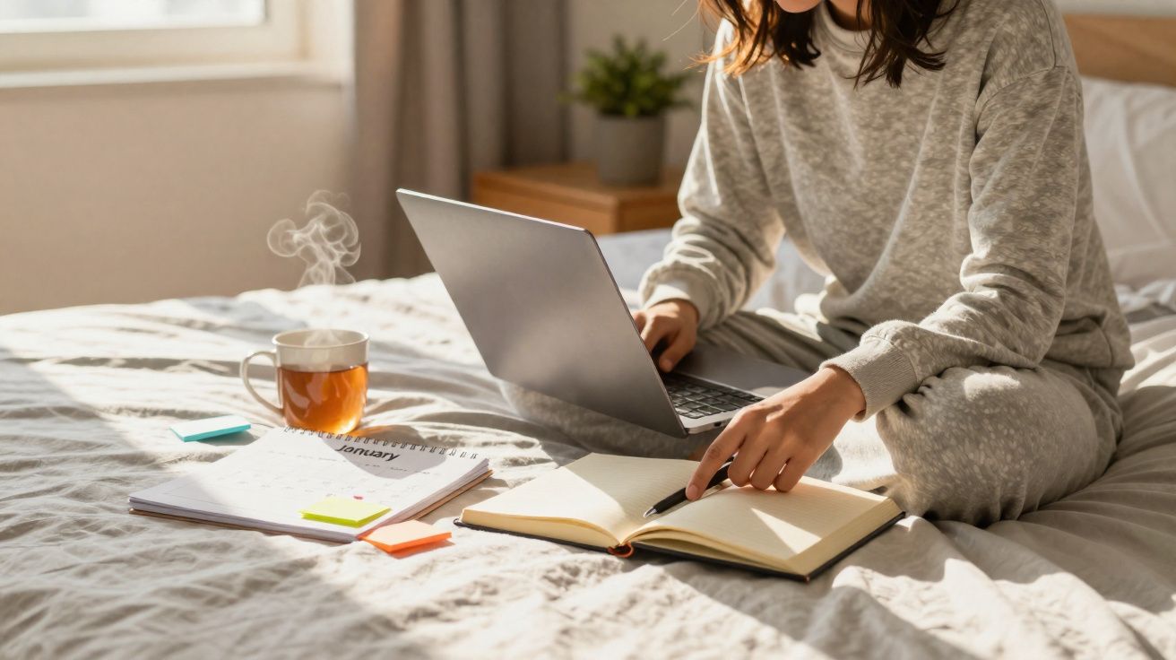 Person in grey loungewear working on a laptop and writing in a notebook on a bed with a steaming cup of tea.