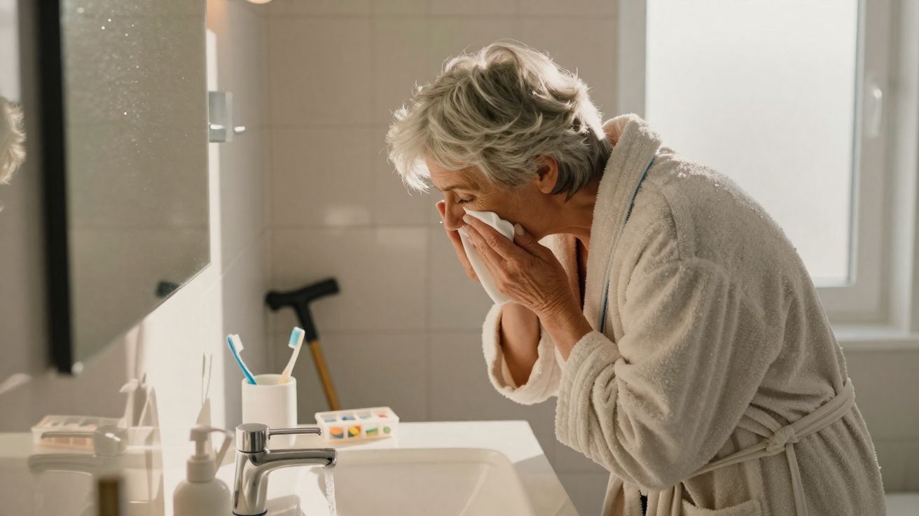 Elderly person in a bathrobe wiping their nose with a tissue in a bathroom next to a sink and mirror.