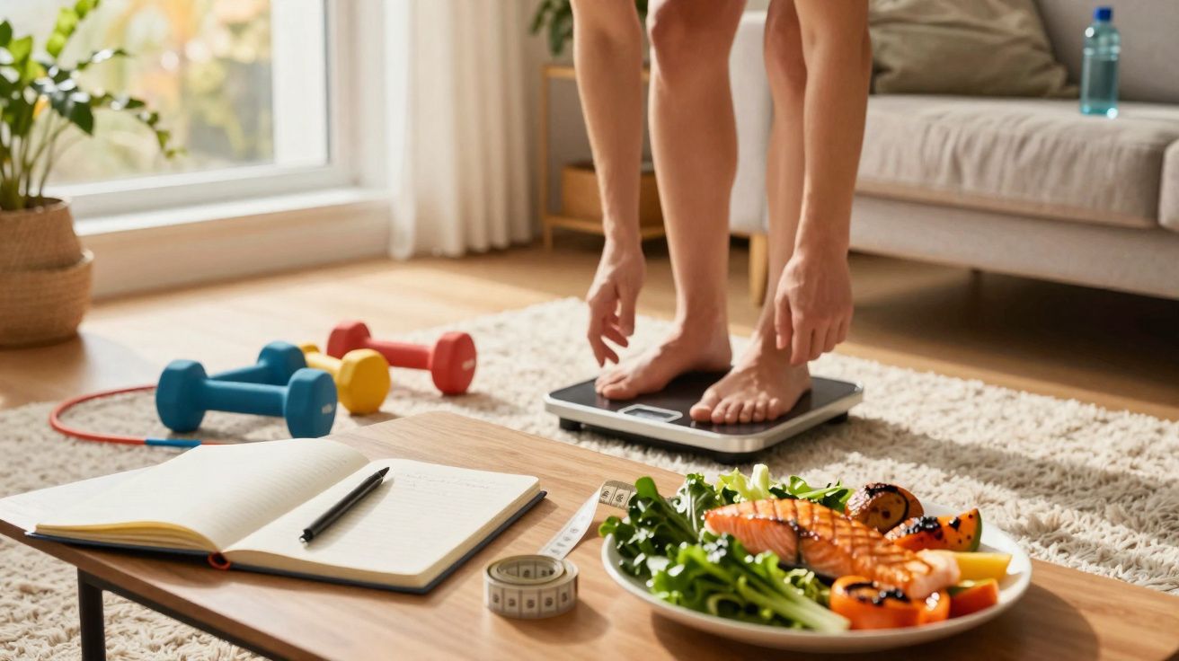 Person standing on a scale in a living room with healthy food, dumbbells, notebook, and measuring tape nearby.