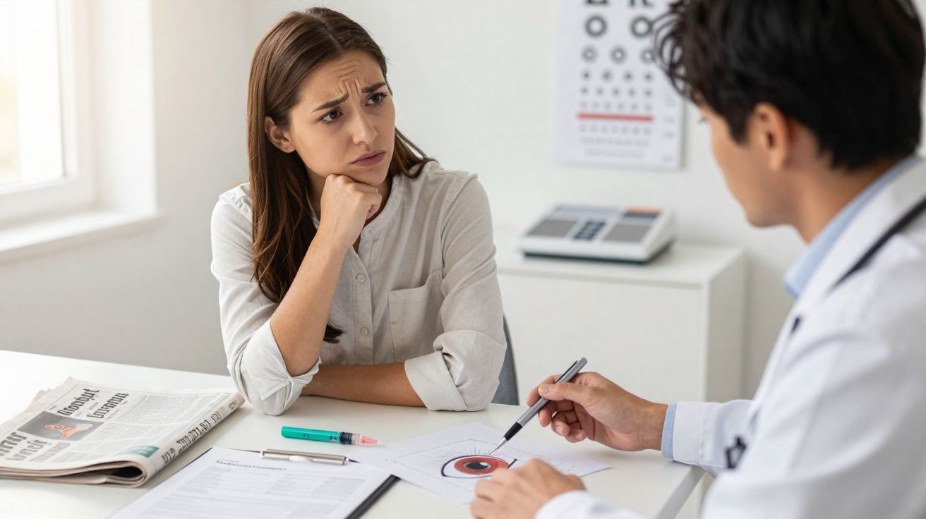 Concerned woman consulting doctor about eye health during medical appointment in clinic.
