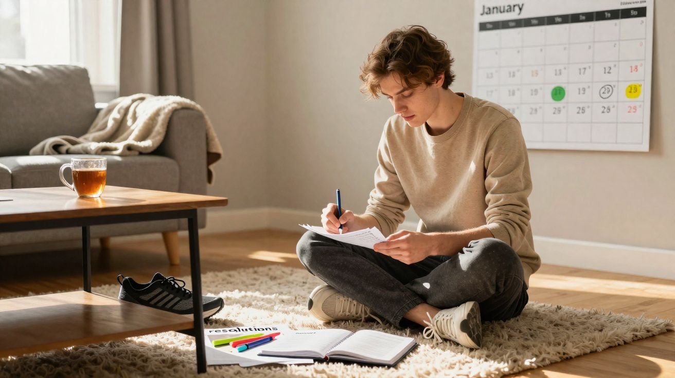 Young man sitting cross-legged on a rug, writing in a notebook with a calendar and study materials nearby.