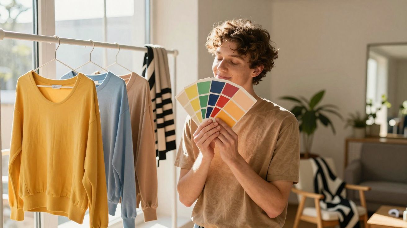 Young man holding colour swatches near hanging pastel-coloured shirts in a bright room.