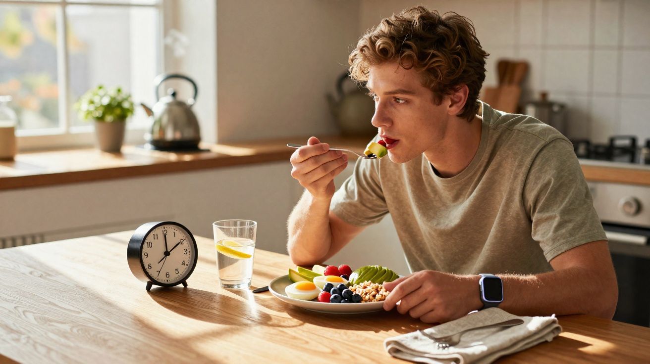 Young man eating a healthy breakfast with fruit and nuts at a kitchen table at 7am.