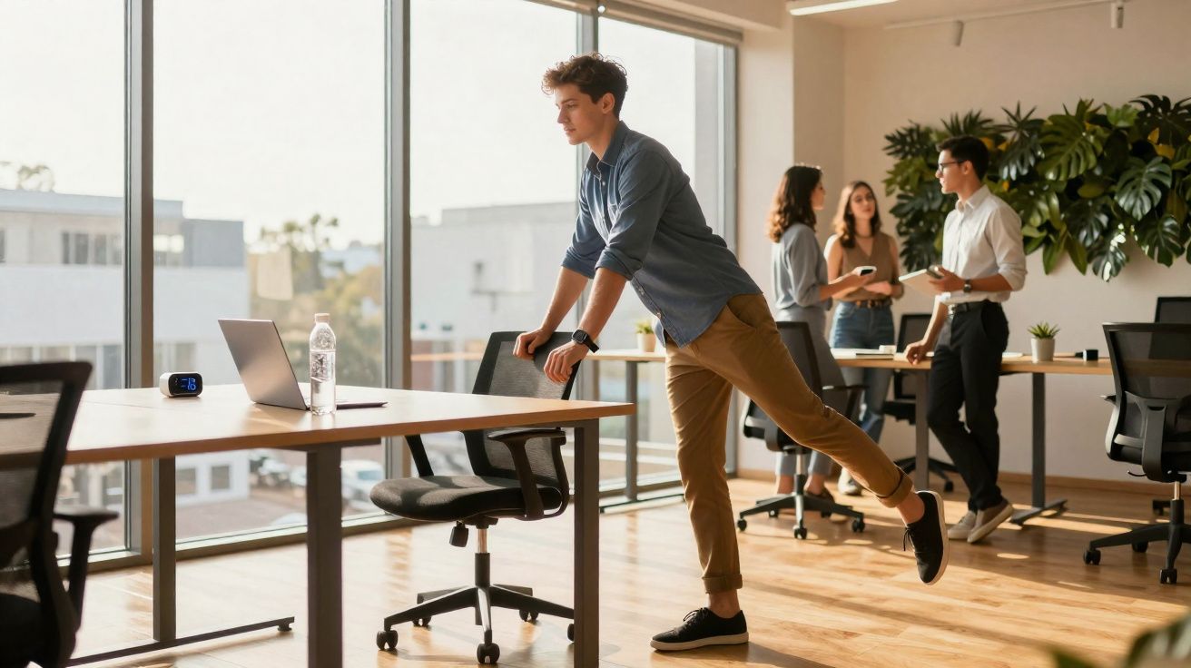 Man doing stretching exercises using an office chair in a bright modern office space.