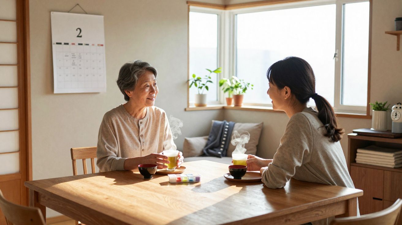Two women enjoying hot drinks and a conversation at a wooden table in a sunlit room.